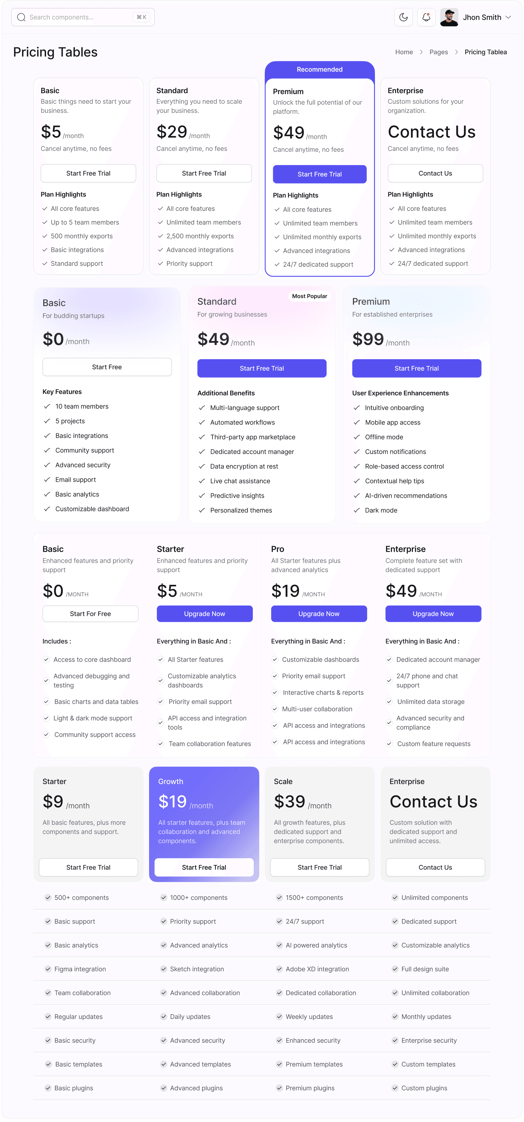 Pricing Tables