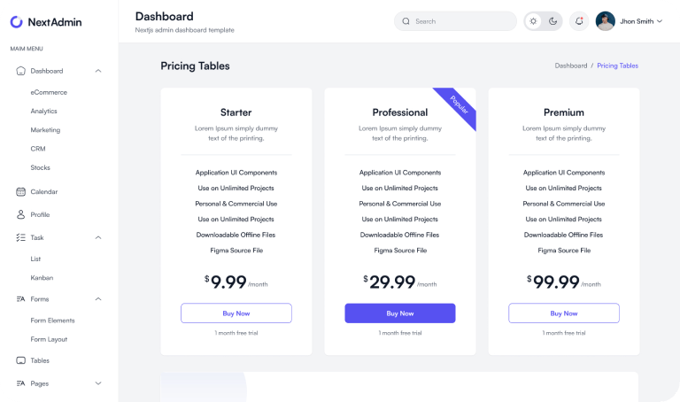Pricing Tables